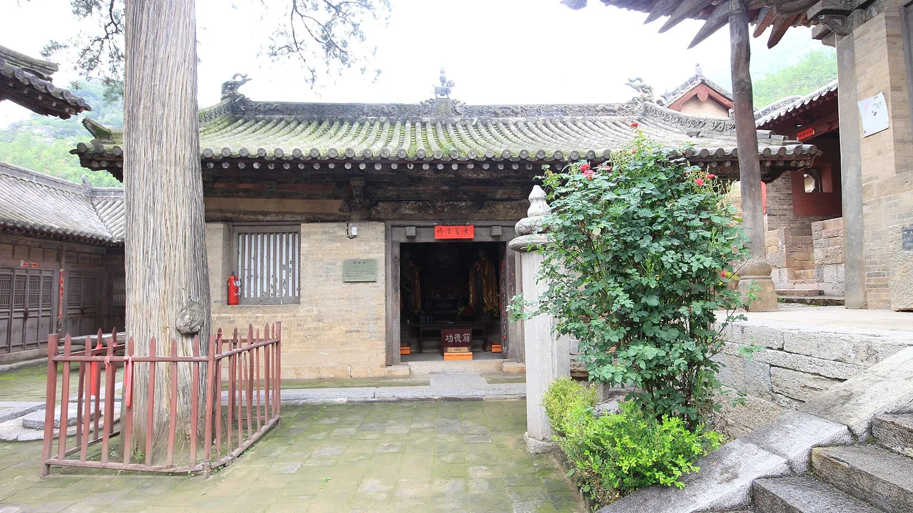 A courtyard and ancient tree in front of a hall at Longmen Temple, Pingshun county, Changzhi.