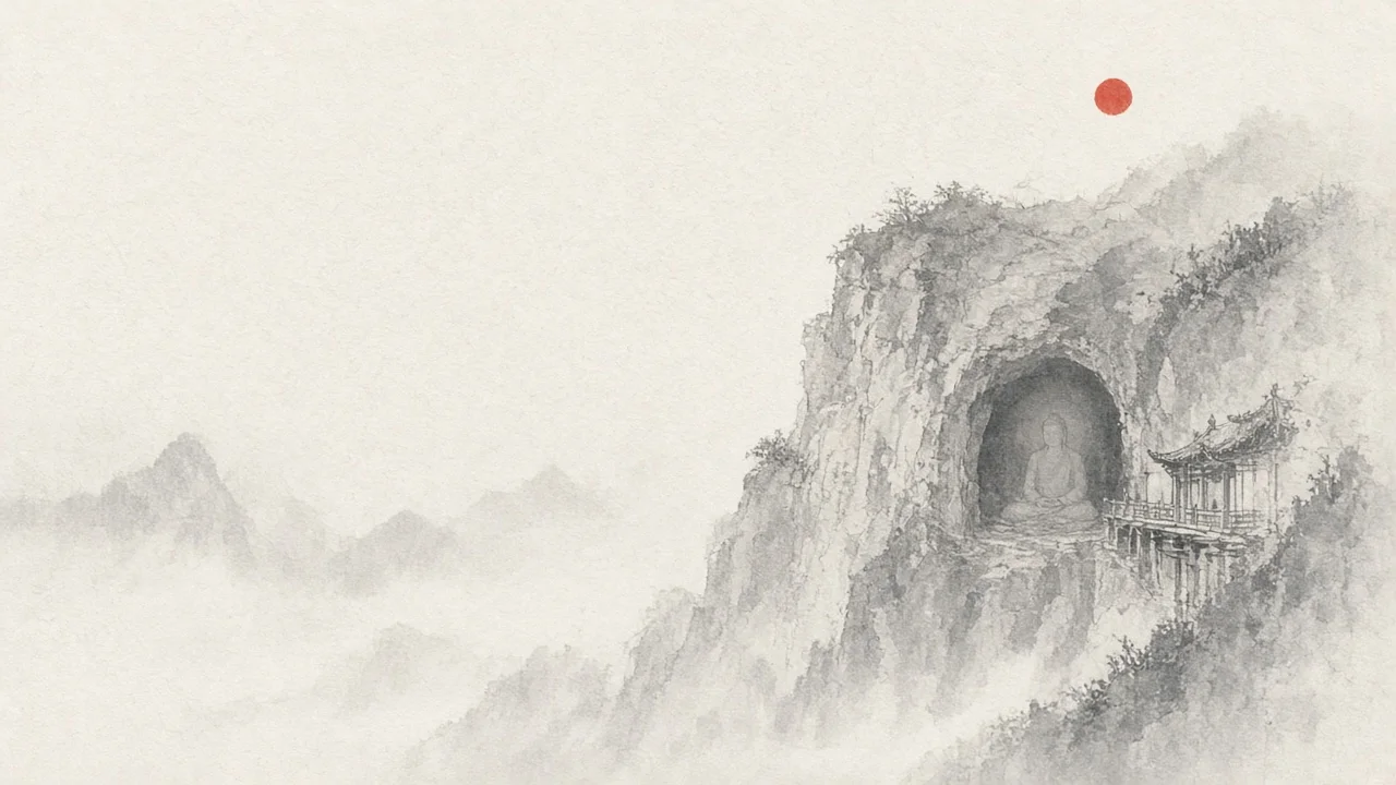 Ink-wash concept on rice paper: Datong cliff caves and distant hanging temple silhouette in pale mist, empty space, one vermilion seal accent.