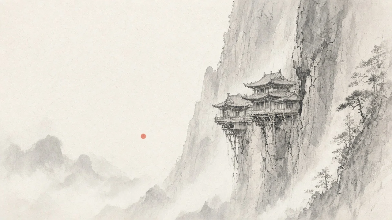 Ink-wash concept on rice paper: Hanging Temple timber halls clinging to a sheer gorge cliff in pale mist, empty space, one vermilion sun accent.