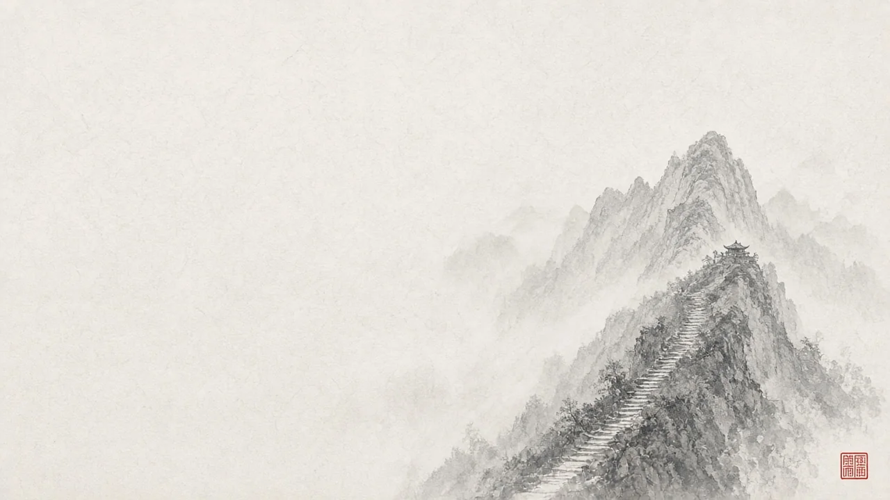 Ink-wash concept on rice paper: Mount Heng ridges and temple roofs in pale mist, empty space, one vermilion seal accent.