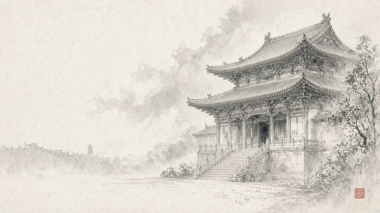 Ink-wash concept on rice paper: Liao-Jin timber temple hall on a raised courtyard platform with distant wall mist, empty space, one vermilion seal accent.