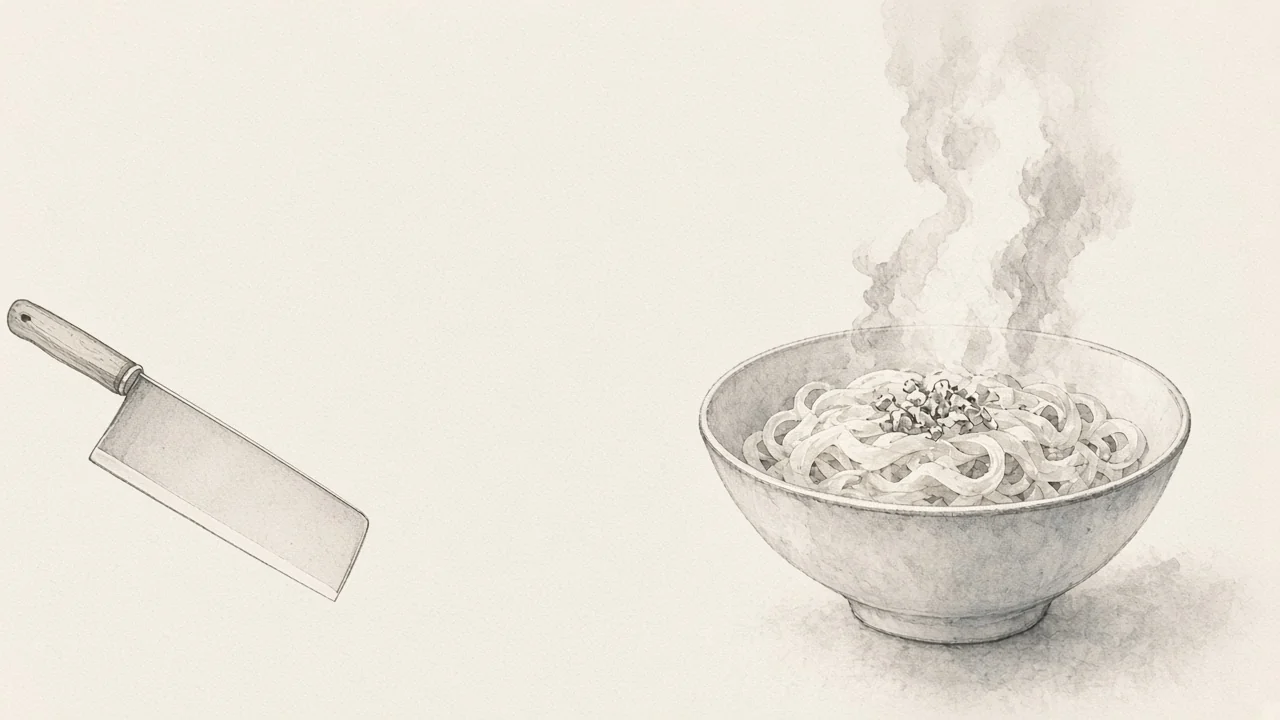 Ink-wash concept on rice paper: steaming bowl of Datong knife-shaved noodle ribbons beside a kitchen cleaver, pale mist steam, empty space.