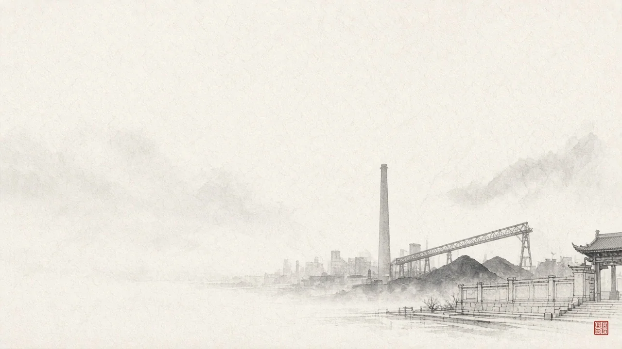 Ink-wash concept on rice paper: Datong coal-mine gantry and contemporary towers in pale mist, empty space, one vermilion seal accent.