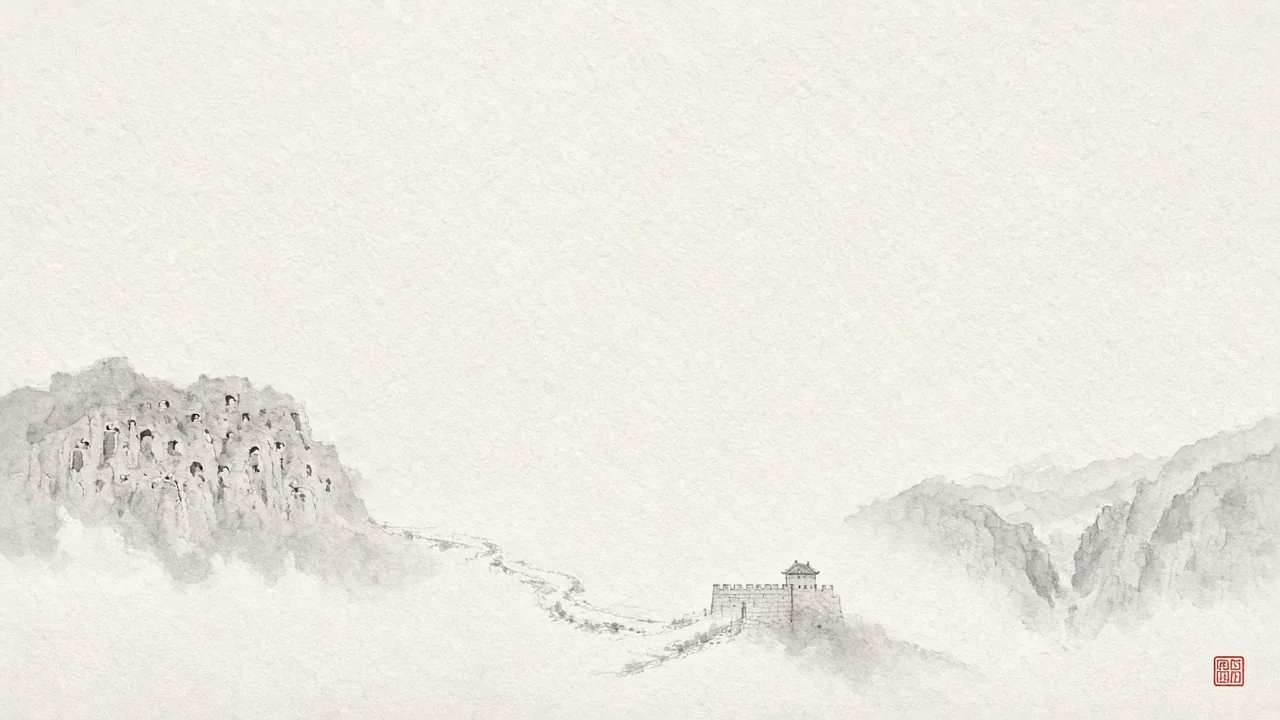 Ink-wash concept on rice paper: Datong journey motif linking cave cliff, old-city wall gate, and hanging temple silhouette in pale mist, empty space, one vermilion seal accent.