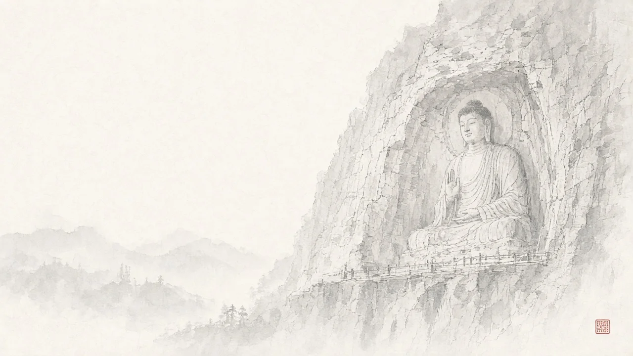 Ink-wash concept on rice paper: monumental rock-cut Buddha niche at Yungang cliff corridor in pale mist, empty space, one vermilion seal accent.