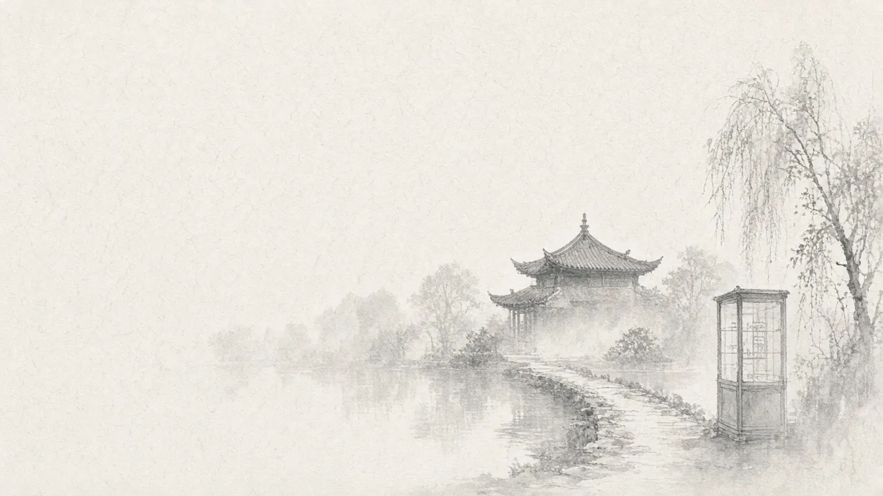 Ink-wash concept on rice paper: Nantong Museum garden beside the Haohe in light ink, empty space, one vermilion accent.