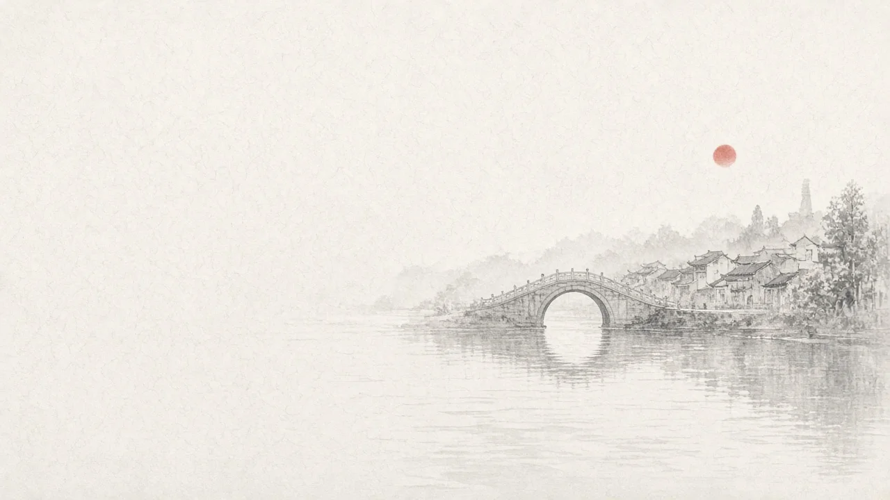 Ink-wash concept on rice paper: Haohe arched bridge over misty moat in light ink, empty space, one vermilion accent.