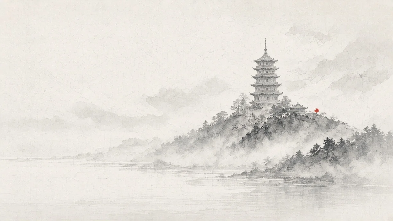 Ink-wash concept on rice paper: Langshan's pagoda above river mist in light ink, empty space, one vermilion accent.