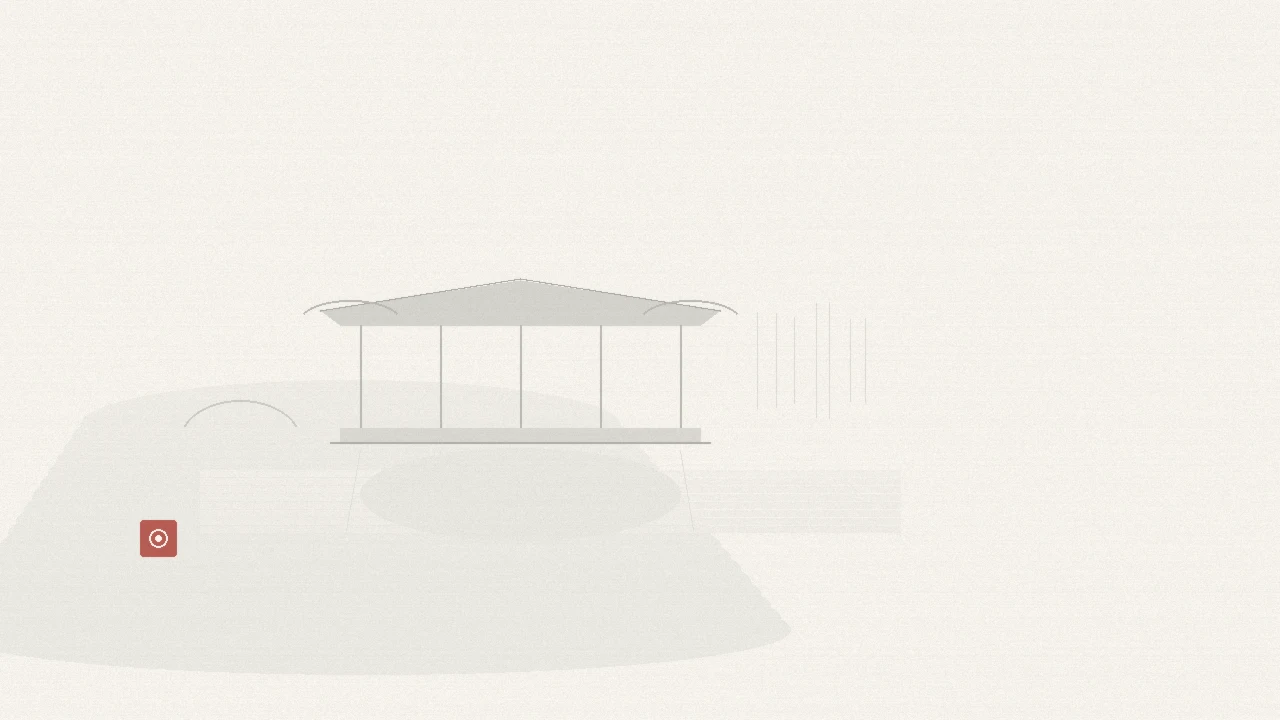 Ink-wash concept on rice paper: Shuihui Garden waterside pavilion with faint reflection in light ink, empty space, one vermilion seal.