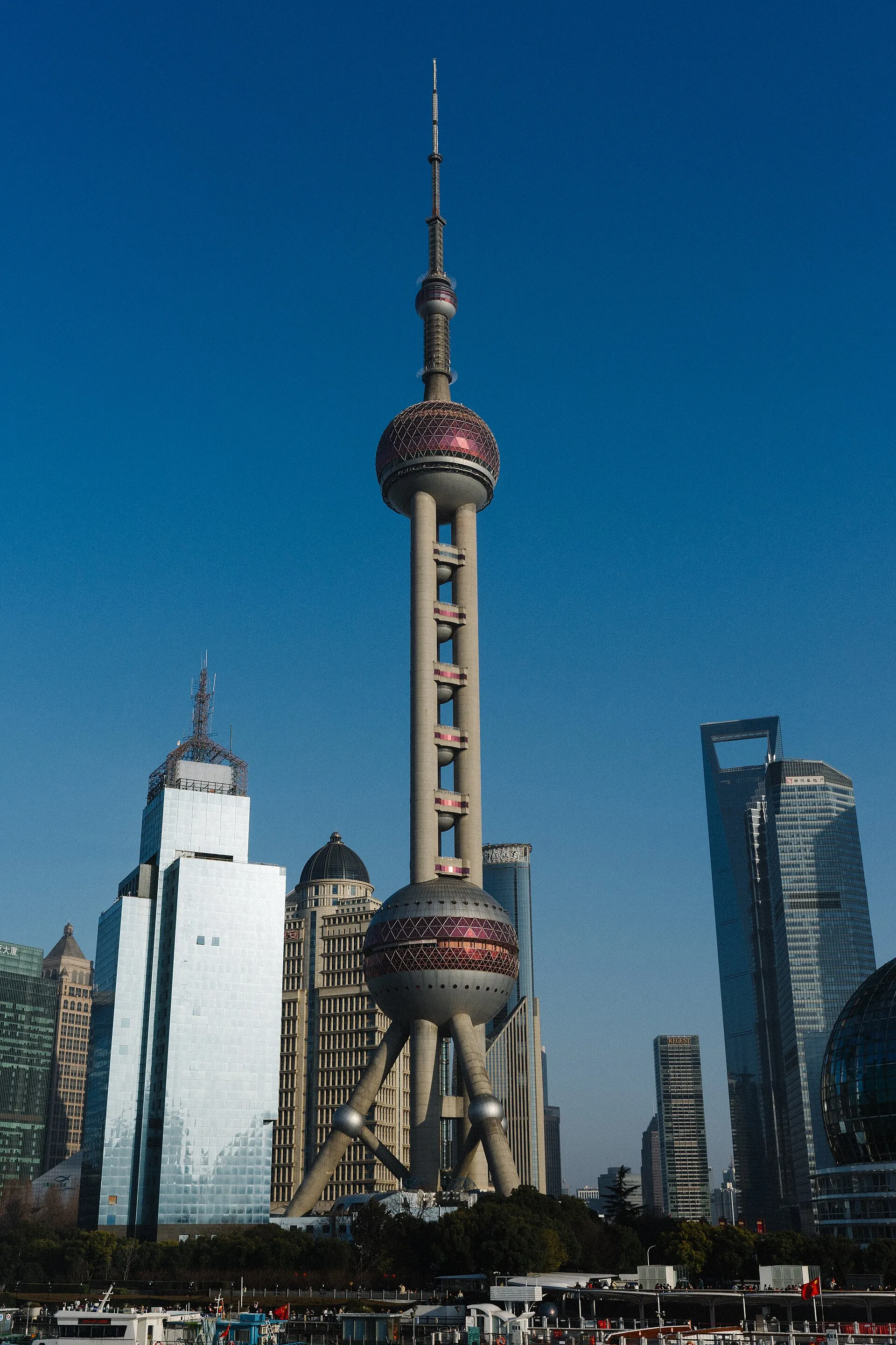 Oriental Pearl Tower rising above the Lujiazui skyline in Pudong