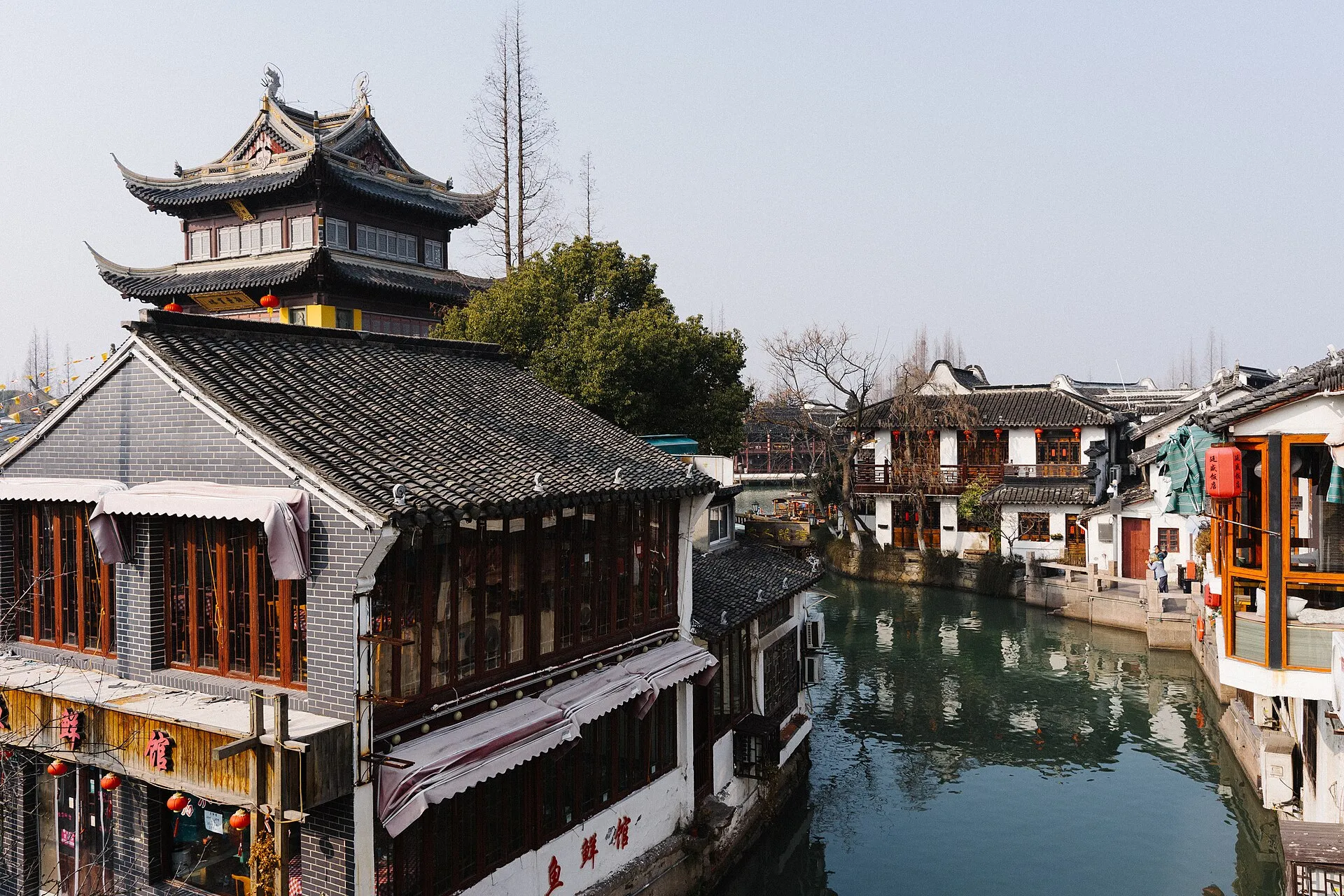 Canal and stone bridges in Zhujiajiao water town west of Shanghai