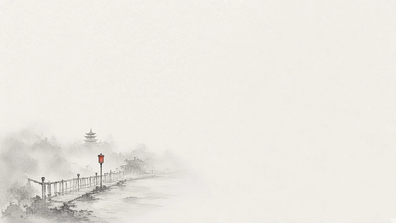 Ink-wash concept on rice paper: Datong–Yingxian corridor path with a station lantern and distant timber pagoda in pale mist, empty space, one vermilion accent.