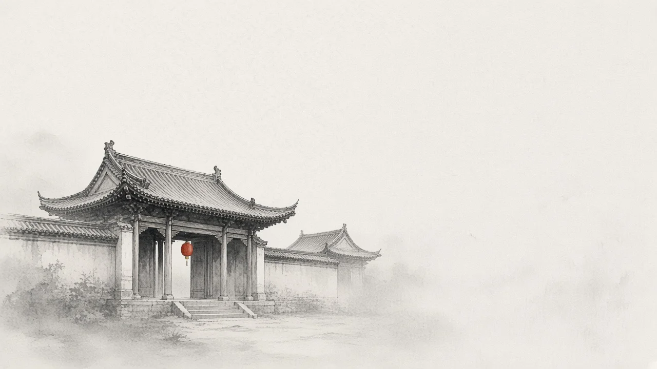 Ink-wash concept on rice paper: Fogong Temple mountain gate and courtyard roof corner in pale mist, empty space, one vermilion lantern accent.