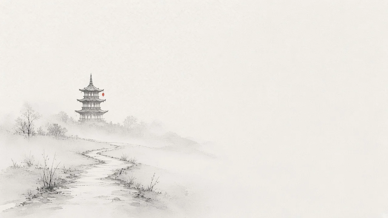 Ink-wash concept on rice paper: morning day-return path toward a distant Yingxian timber pagoda silhouette in pale mist, empty space, one vermilion lantern accent.