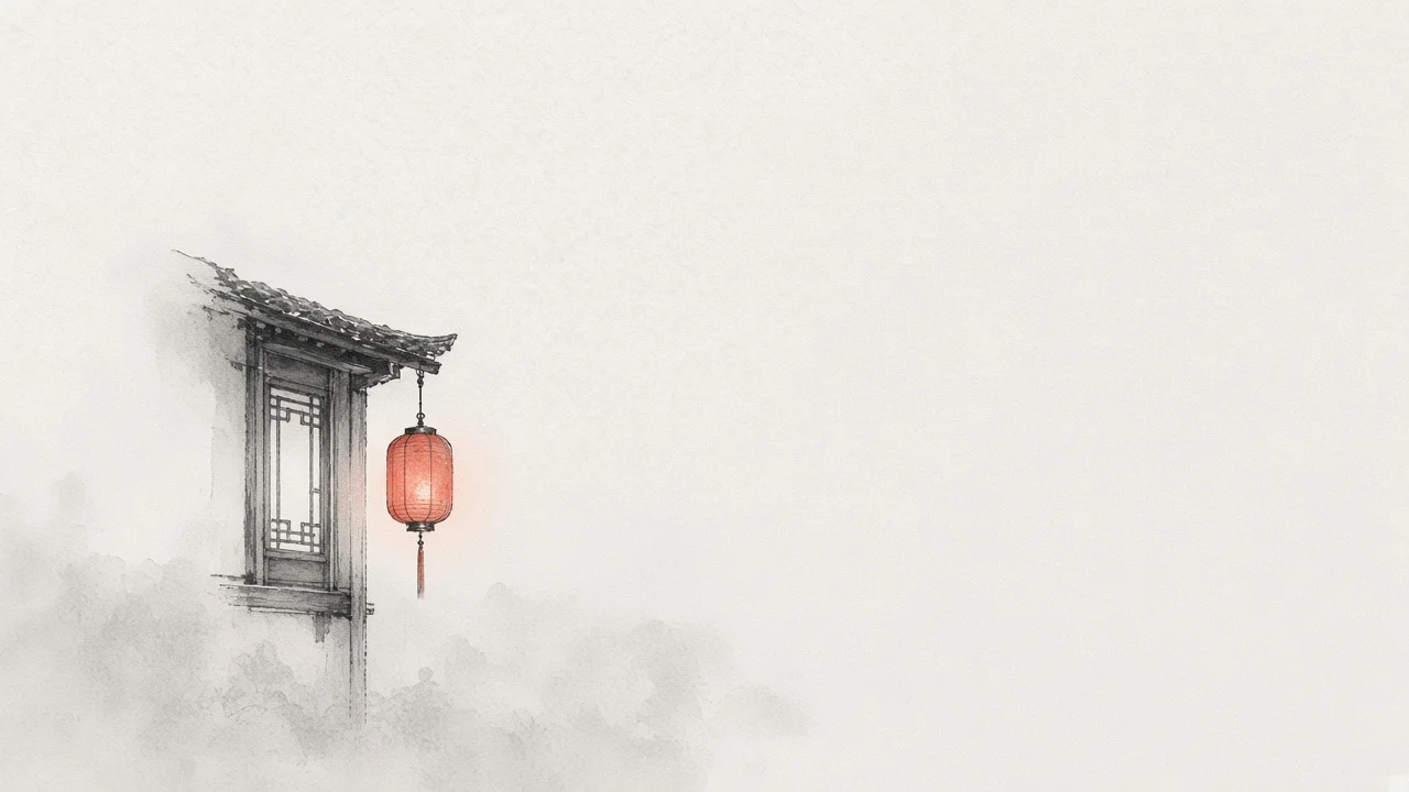 Ink-wash concept on rice paper: Datong overnight inn window and roof eave with one night lantern in pale mist, empty space, one vermilion accent.