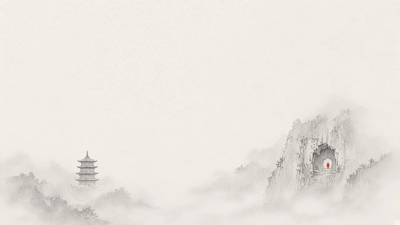 Ink-wash concept on rice paper: Datong–Yingxian pairing with timber pagoda and cliff-grotto silhouettes in pale mist, empty space, one vermilion accent.