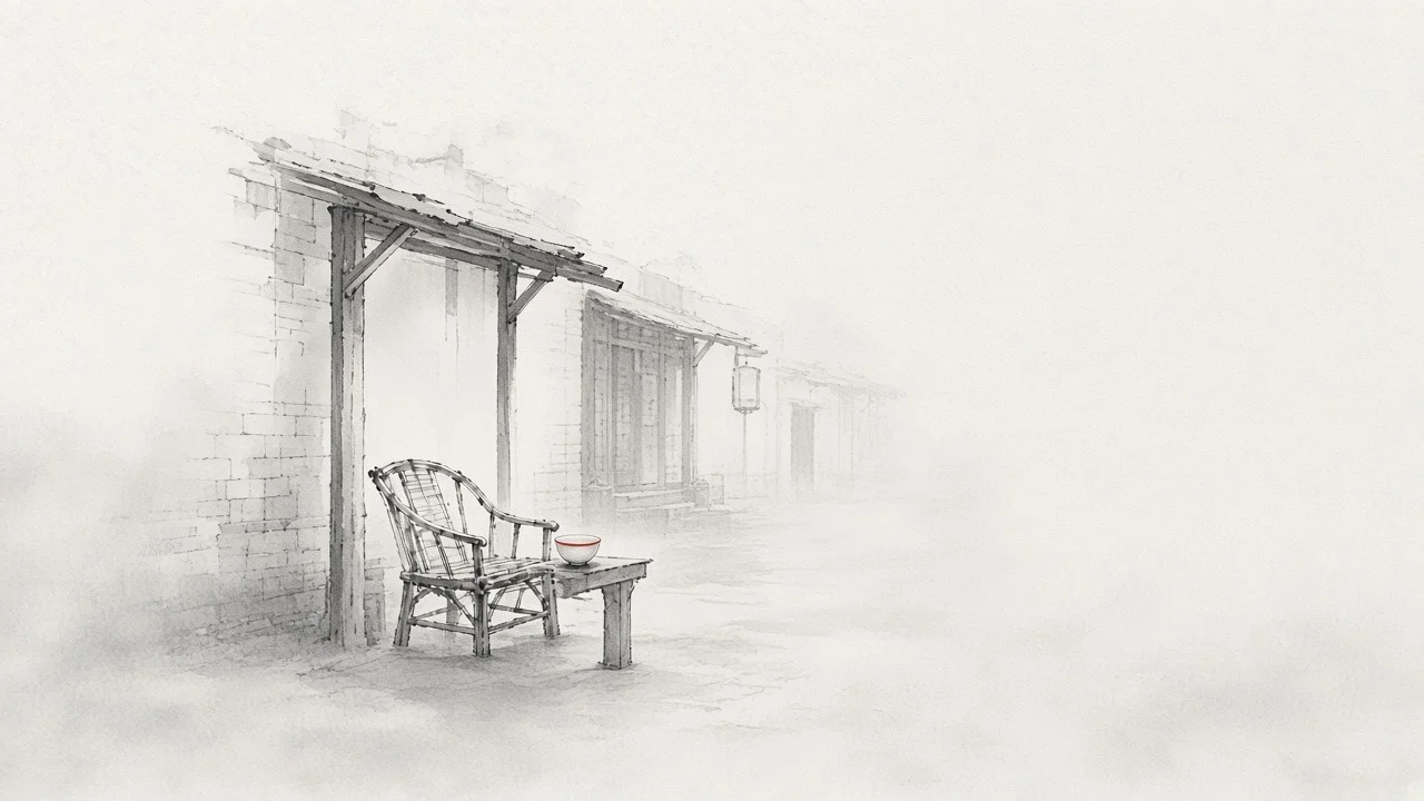 Ink-wash concept on rice paper: Yingxian county-town stall with a bowl and chair toward misty lanes, empty space, one vermilion bowl-rim accent.