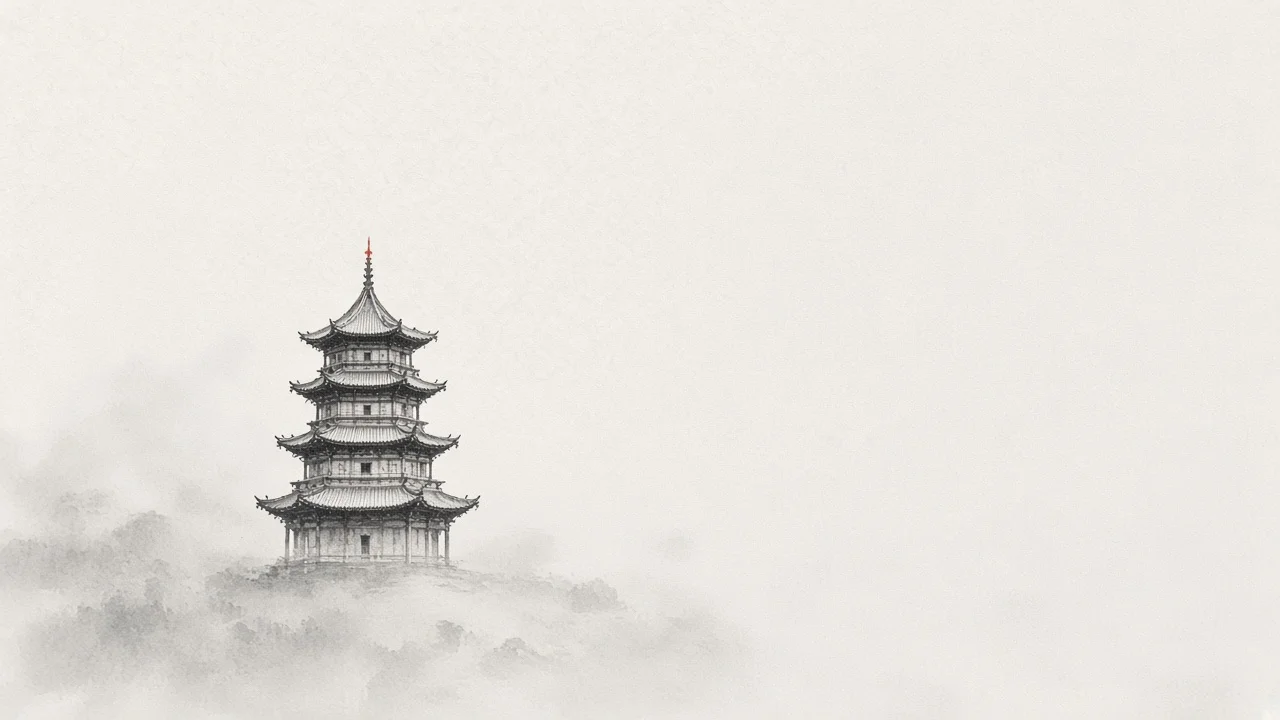 Ink-wash concept on rice paper: Yingxian Wooden Pagoda multi-eave timber silhouette in pale mist, empty space, one vermilion tip accent.