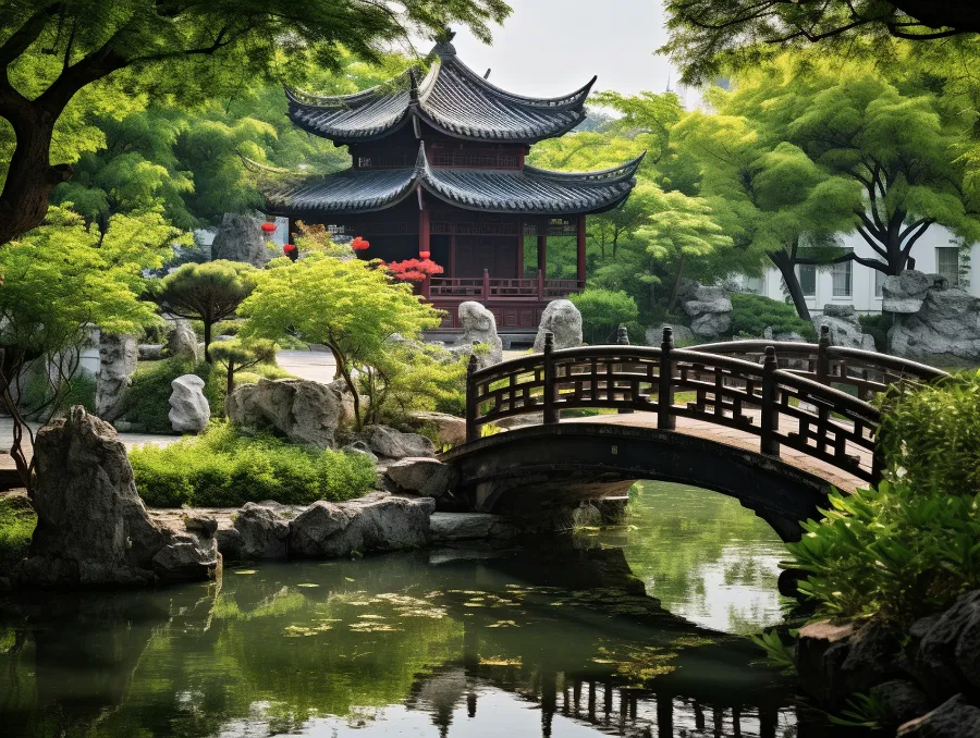A winding stone corridor path overlooking a pond covered in lotus pads at the Humble Administrator's Garden.