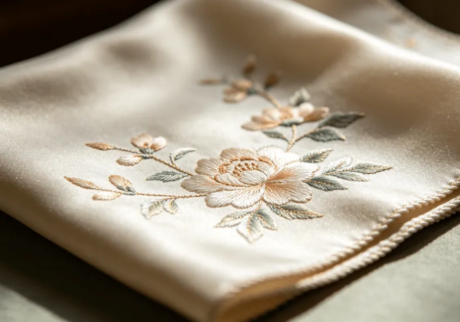 An embroiderer's hand splitting a fine silk thread over a wooden frame in a quiet Suzhou workshop.