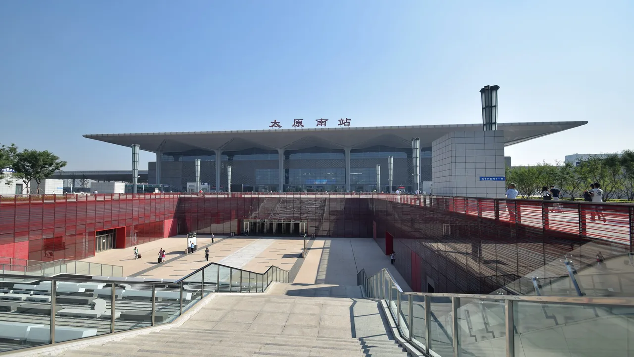 The modern station building and approach of Taiyuan South railway station.