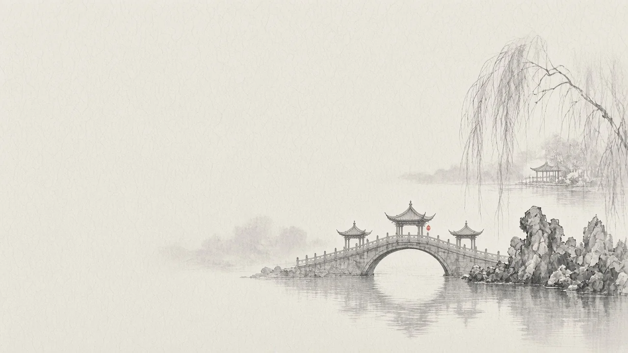 Ink-wash concept on rice paper: Yangzhou multi-pavilion bridge over misty water with willow and rockery, empty space, one vermilion lantern.