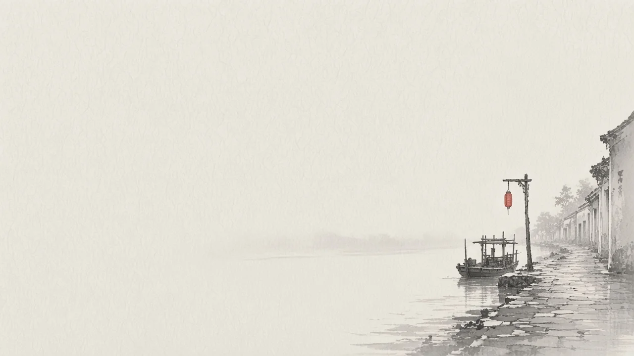 Ink-wash concept on rice paper: Dongguan canal embankment with moored boat and misted shop-houses, empty space, one vermilion lantern.