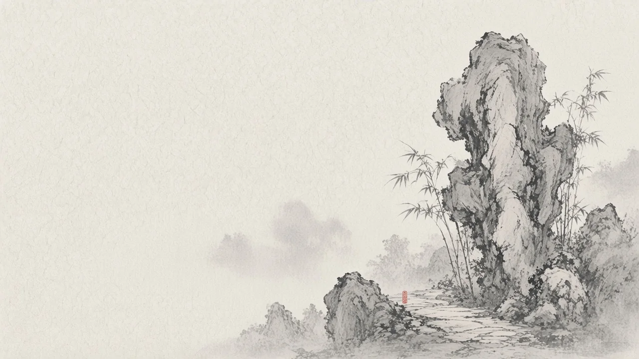 Ink-wash concept on rice paper: Ge Garden scholar rocks and sparse bamboo beside a stone path, empty space, one vermilion seal.