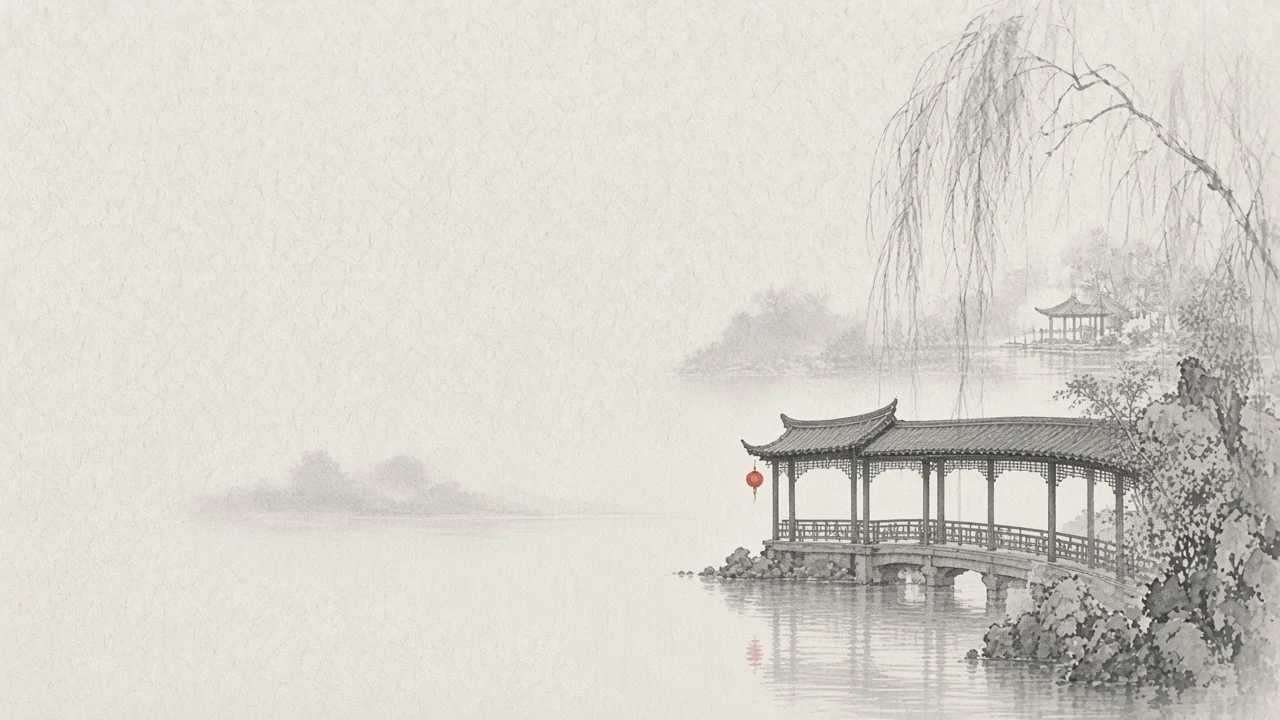 Ink-wash concept on rice paper: He Garden covered corridor over water with willow mist, empty space, one vermilion lantern.