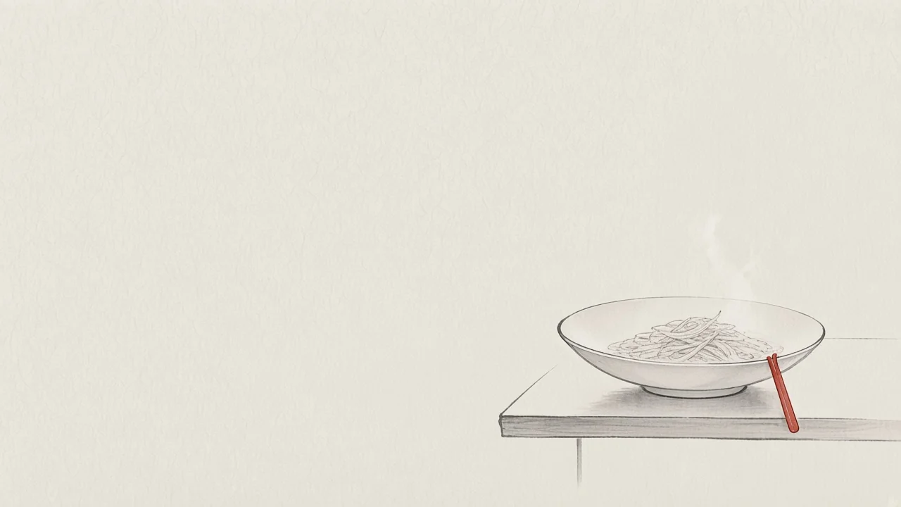 Ink-wash concept on rice paper: a clear Huaiyang soup bowl with rising steam on a bare table, empty space, one vermilion chopstick accent.