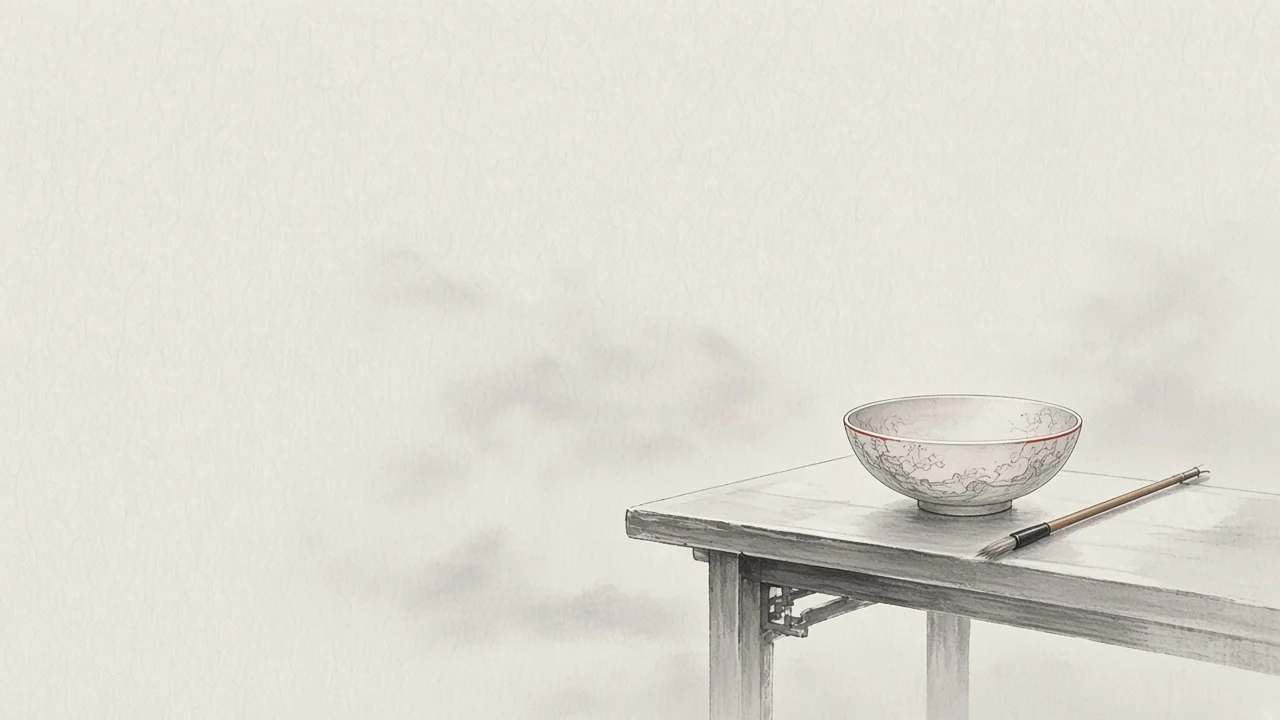 Ink-wash concept on rice paper: lacquer bowl and calligraphy brush on a scholar table in mist, empty space, one vermilion rim accent.