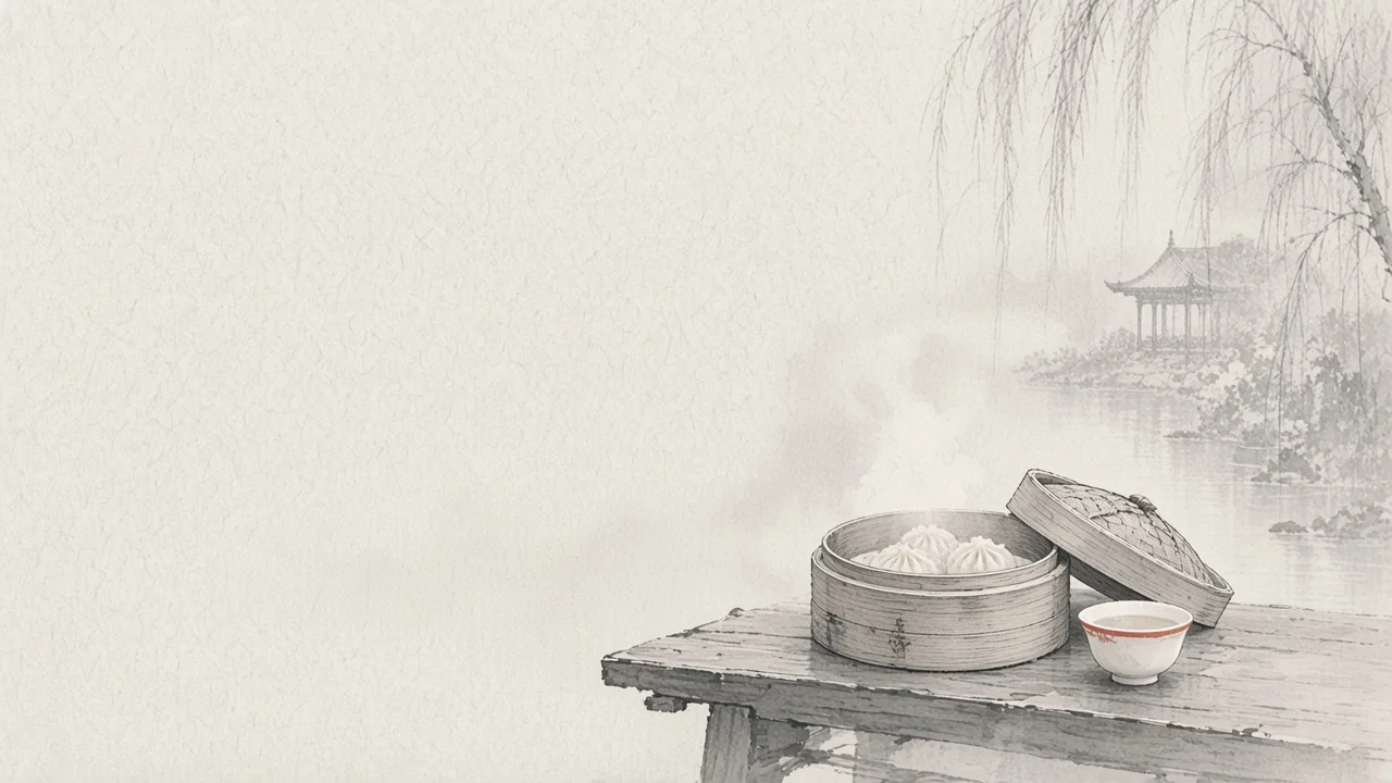 Ink-wash concept on rice paper: bamboo steamer and teacup on a table with faint lake pavilion beyond, empty space, one vermilion cup rim.