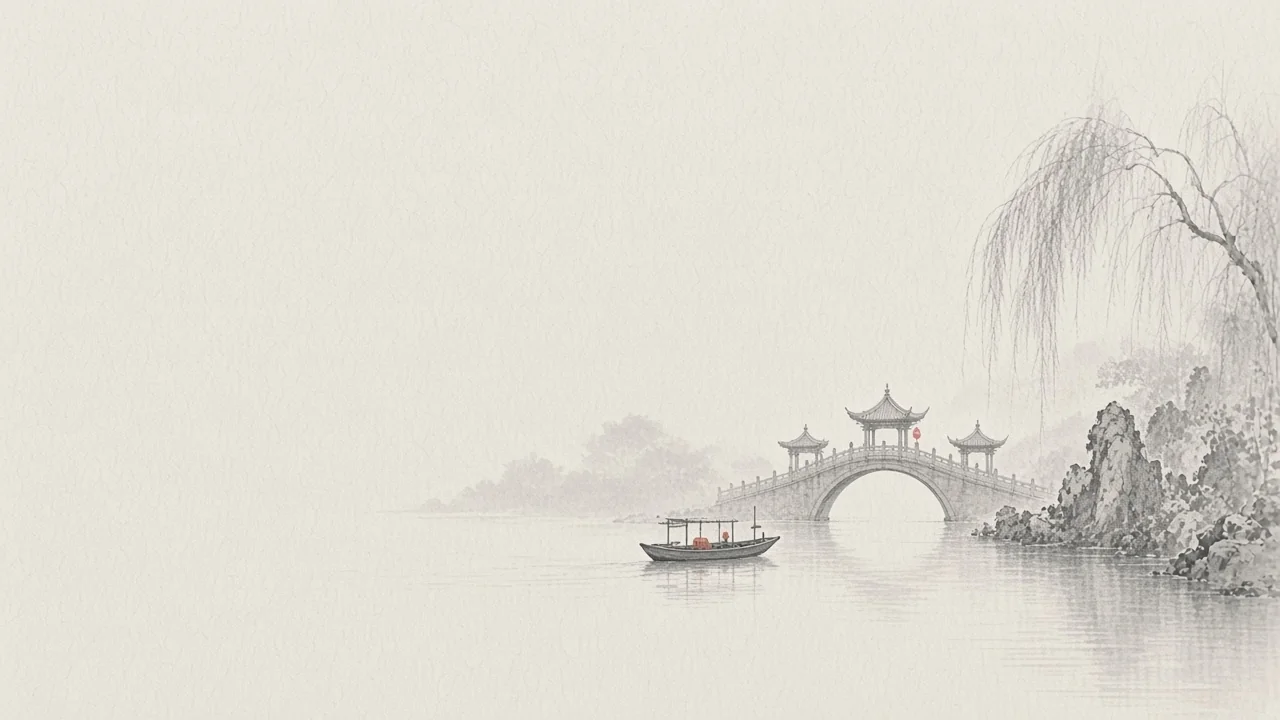 Ink-wash concept on rice paper: a small boat on Slender West Lake toward a pavilion bridge in mist, empty space, one vermilion lantern accent.