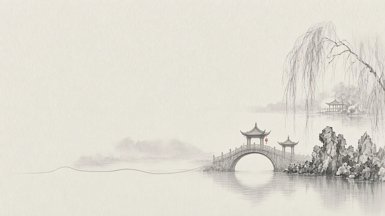 Ink-wash concept on rice paper: Yangzhou journey motif linking misty bridge, rockery, and willow water, empty space, one vermilion lantern.